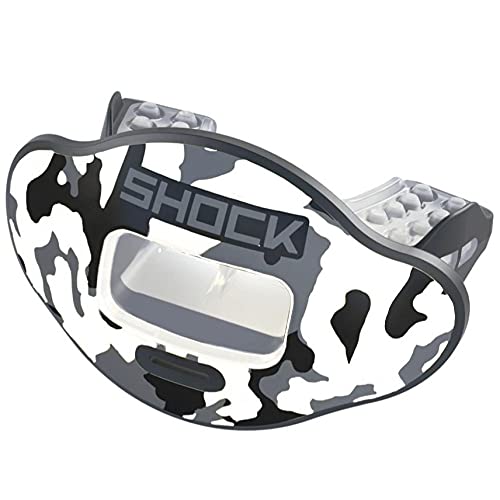 Shock Doctor Max Airflow 2.0 Lip Guard/Mouth Guard. Football Mouthguard 3500. for Youth and Adults OSFA. Breathable Wide Opening Mouthpiece. Helmet Strap Included. (White Camo)