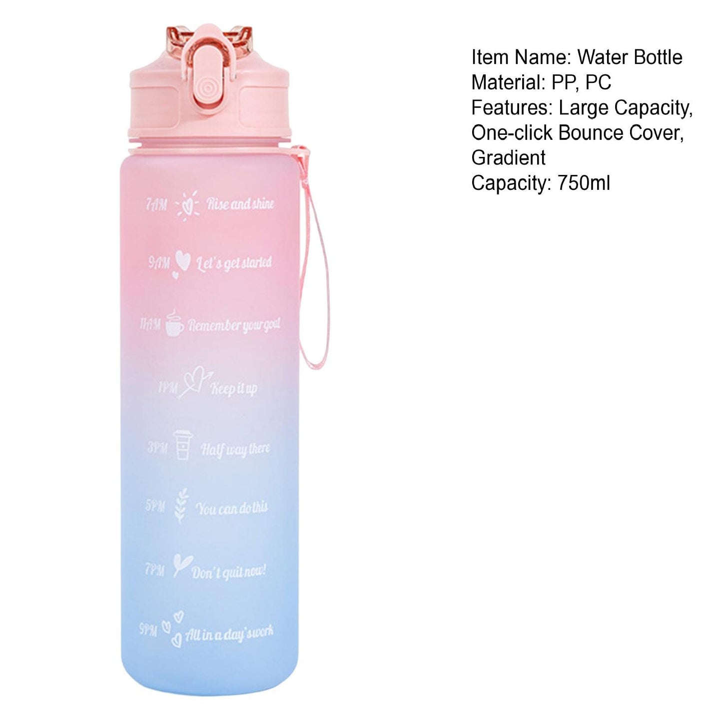 25 oz Water Bottle, Leakproof BPA & Toxic Free, Motivational Water Bottle with Times to Drink and Straw, Fitness Sports Water Bottle with Strap Pink