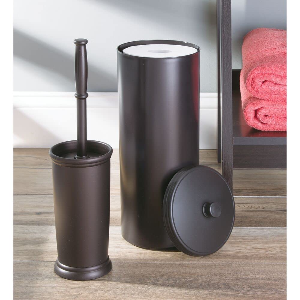 mDesign Modern Plastic Bathroom Storage and Cleaning Accessory Set - Includes Bowl Brush, 3-Roll Toilet Paper Canister with Lid, Wastebasket Trash Can/Garbage Bin - 3 Pieces - Bronze