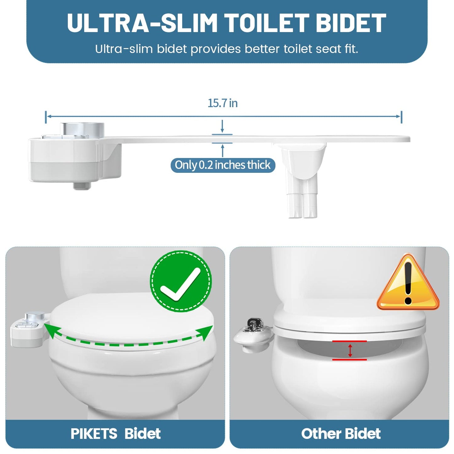 PIKETS Bidet Attachment for Toilet, Dual Nozzle (Frontal and Rear Wash) Non-Electric Fresh Water Bidet Toilet Seat Attachment with Nozzle Self Cleaning, Adjustable Water Pressure (Luxurious Silver)