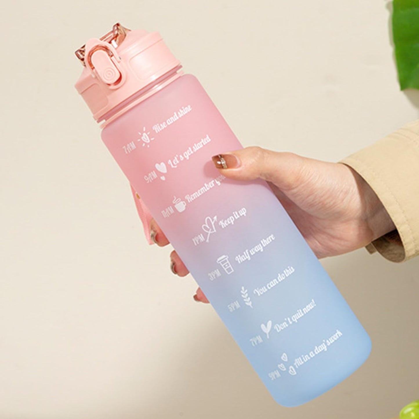 25 oz Water Bottle, Leakproof BPA & Toxic Free, Motivational Water Bottle with Times to Drink and Straw, Fitness Sports Water Bottle with Strap Pink