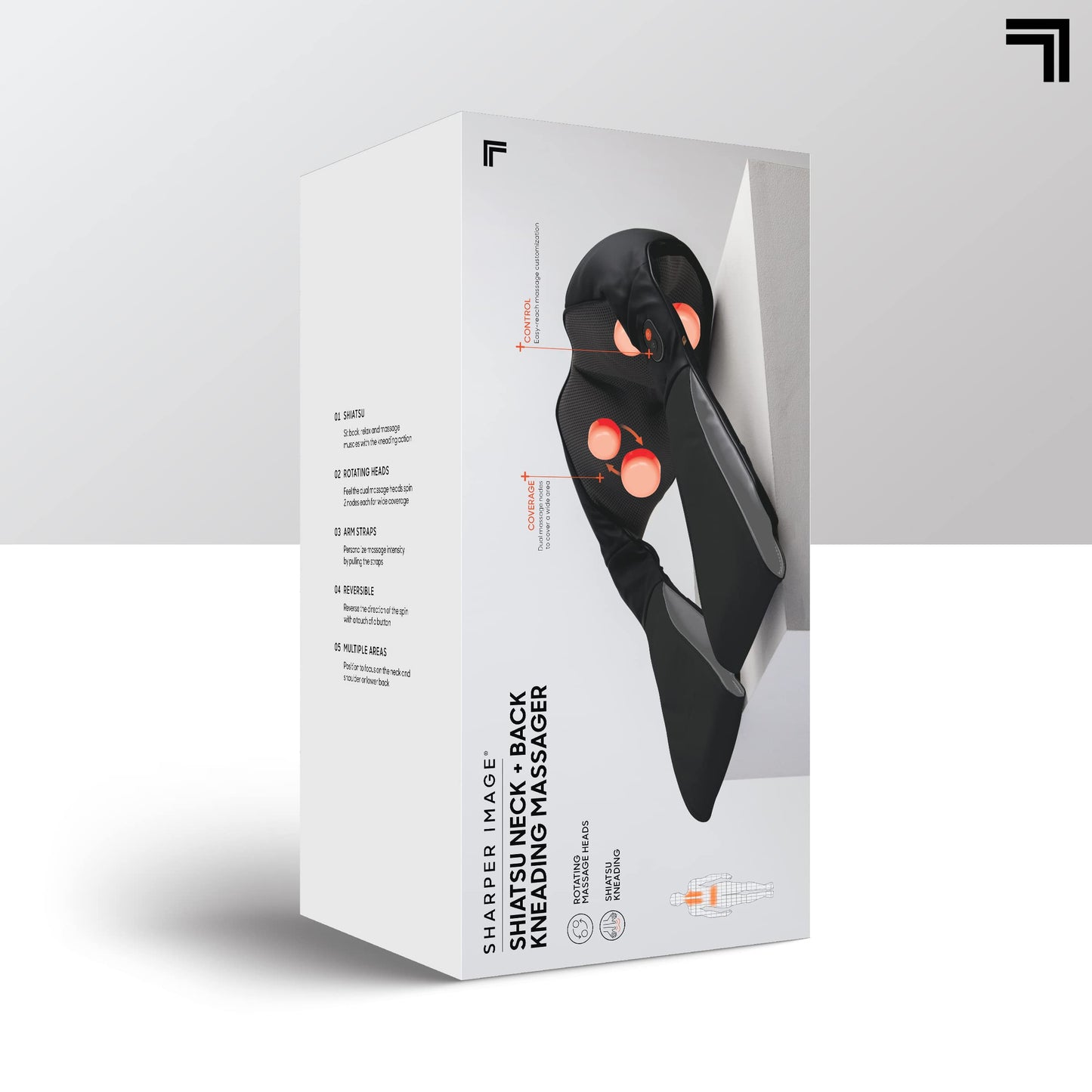 Sharper Image Shiatsu Neck + Back Kneading Massager, Rotating Massage Nodes with Arm Straps, Pain & Tension Relief