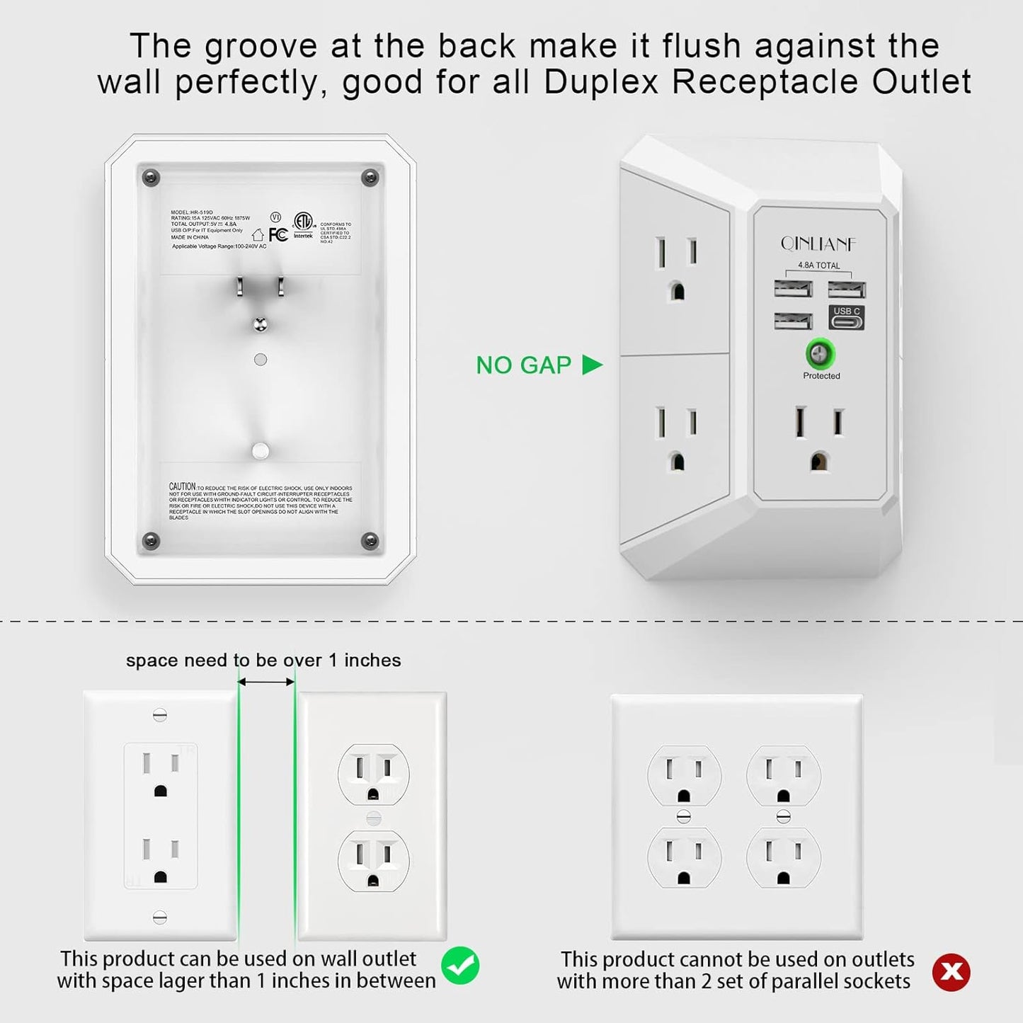 Wall Charger, Surge Protector, 5 Outlet Extender with 4 USB Charging Ports (4.8A Total) 3-Sided 1680J Power Strip Multi Plug Adapter Spaced for Home Travel Office (3U1C)