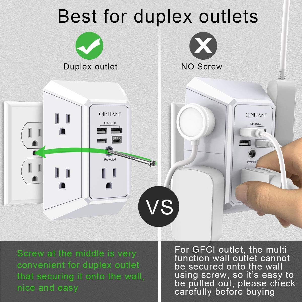 Wall Charger, Surge Protector, 5 Outlet Extender with 4 USB Charging Ports (4.8A Total) 3-Sided 1680J Power Strip Multi Plug Adapter Spaced for Home Travel Office (3U1C)