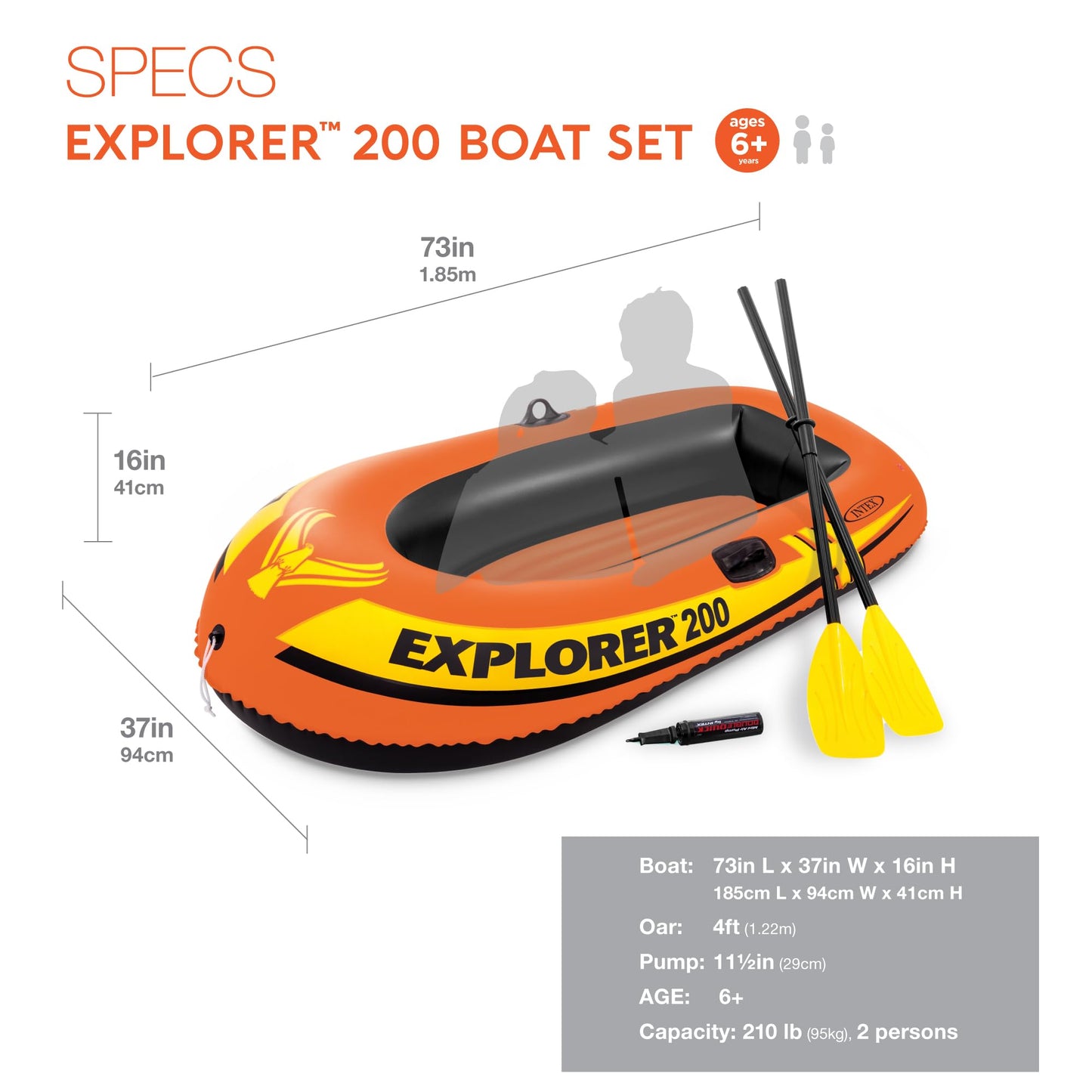 INTEX 58331EP Explorer 200 Inflatable Boat Set: Includes Deluxe Aluminum Oars and Mini Hand-Pump – Dual Air Chambers – Grab Rope – 2-Person – 210lb Weight Capacity
