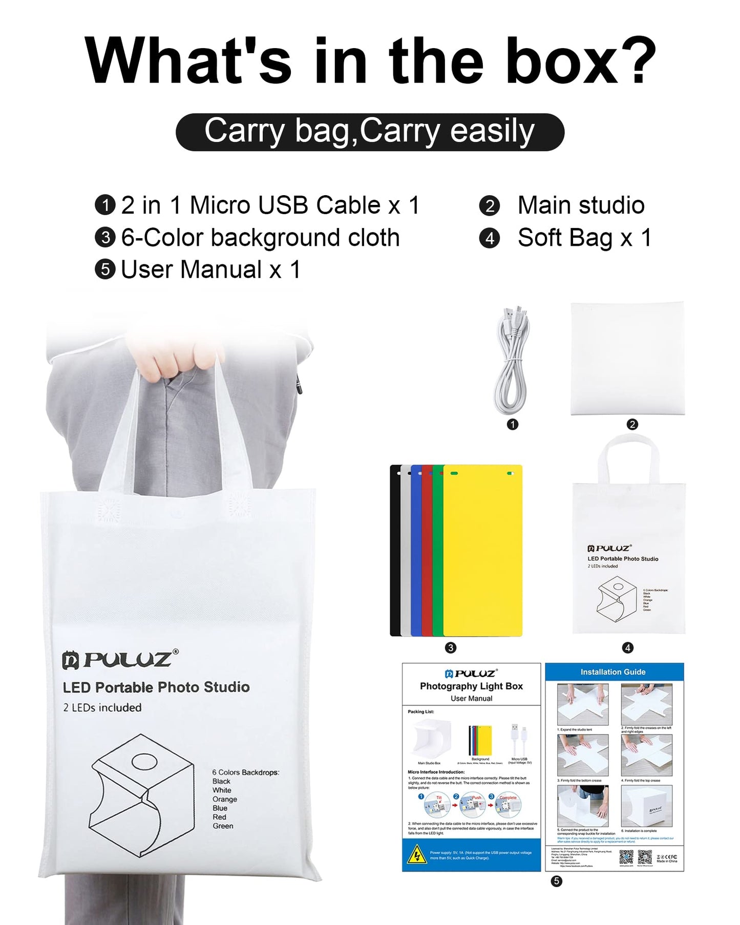 Photo Studio Box with LED Light, PULUZ 20cm Mini Portable Photography Lighting Tent Kit, White Foldable Shooting Softbox with 2x20 Lights + 6 Backdrops for Product Display