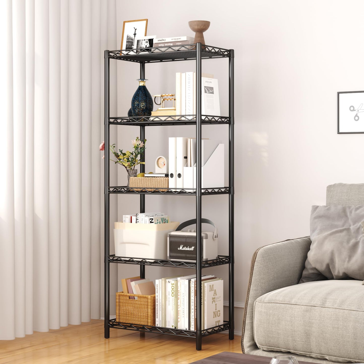 5-Tier Wire Shelving 5 Shelves Unit Metal Storage Rack Durable Organizer Perfect for Pantry Closet Kitchen Laundry Organization in Black,21”Wx14”Dx61”H