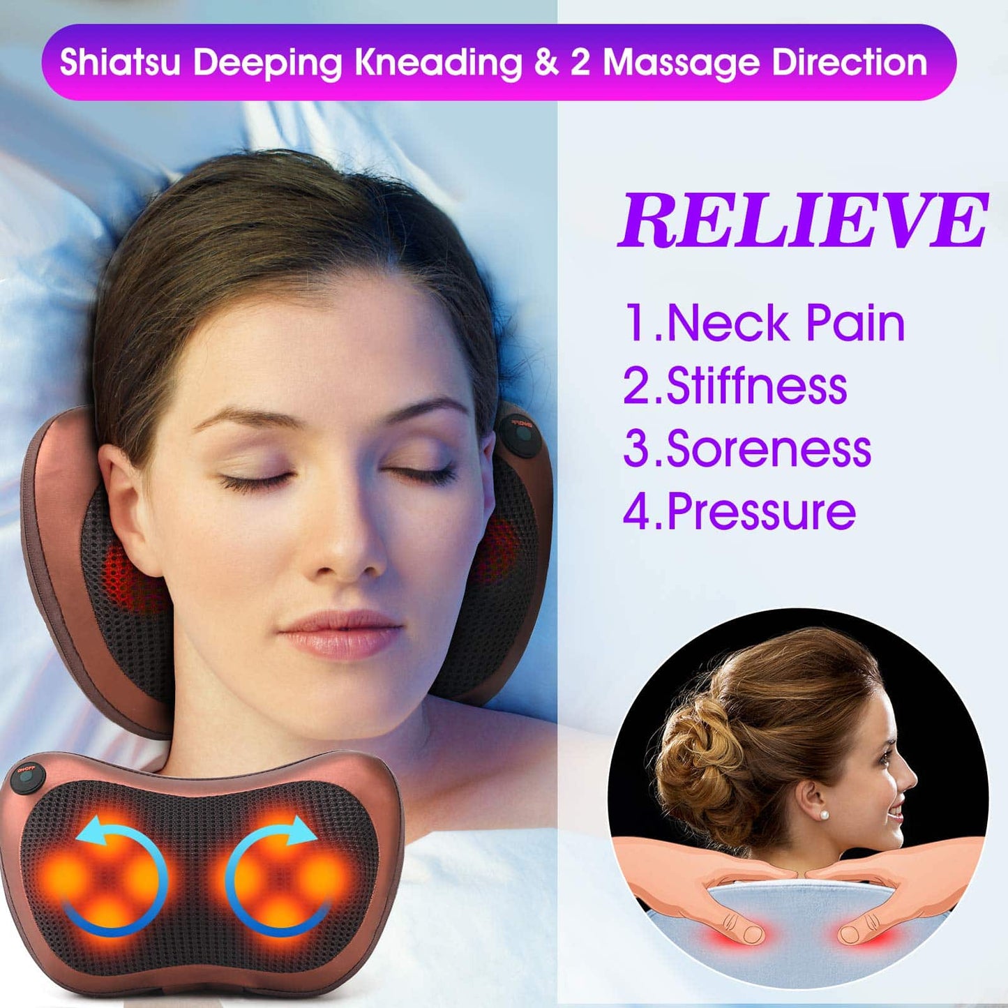 PTsolo Massage Pillow Shiatsu Neck & Back Massager with Heat Neck and Shoulder Massager with Deep Tissue Kneading Massager