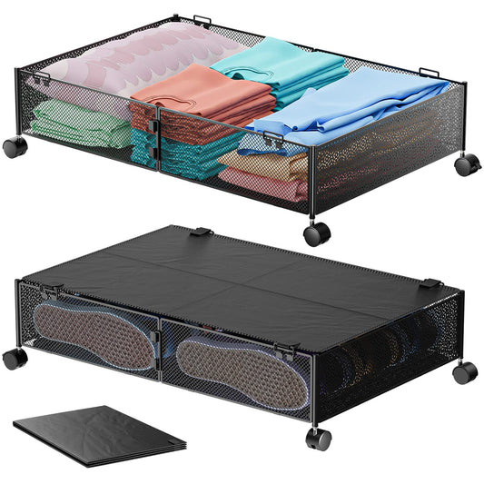 MURBONE Under Bed Storage with Wheels Containers Shoe Storage Organizer Drawer, Metal Foldable Under Bed Drawers on Wheels for Shoes, Clothes, Toys, Blankets (2 Pack)