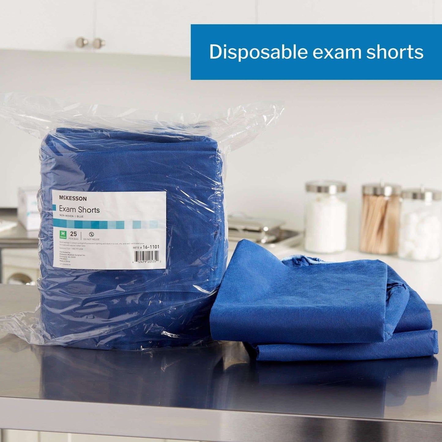 McKesson Patient Exam Shorts, Disposable - Non-Woven Material, Elastic Waist, Blue - Fits 38 in to 48 in Waist, Size XL, 25 Count