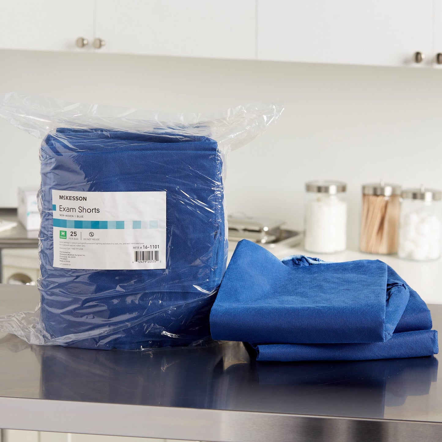 McKesson Patient Exam Shorts, Disposable - Non-Woven Material, Elastic Waist, Blue - Fits 38 in to 48 in Waist, Size XL, 25 Count