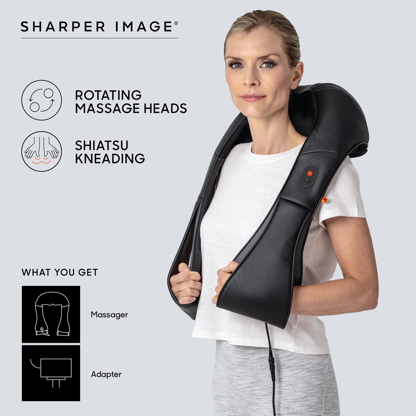 Sharper Image Shiatsu Neck + Back Kneading Massager, Rotating Massage Nodes with Arm Straps, Pain & Tension Relief