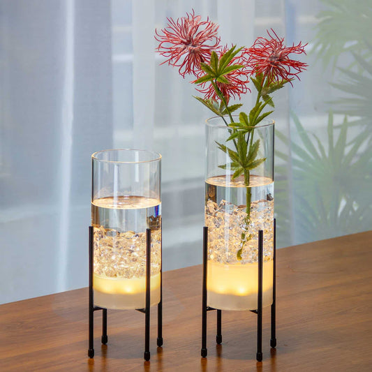 Flower Vase for Decor, Glass Table Vase Set for Flowers Plants, Clear Vase with Black Stand, Modern Decorative with Timer LED Lights Battery Operated Set of 2