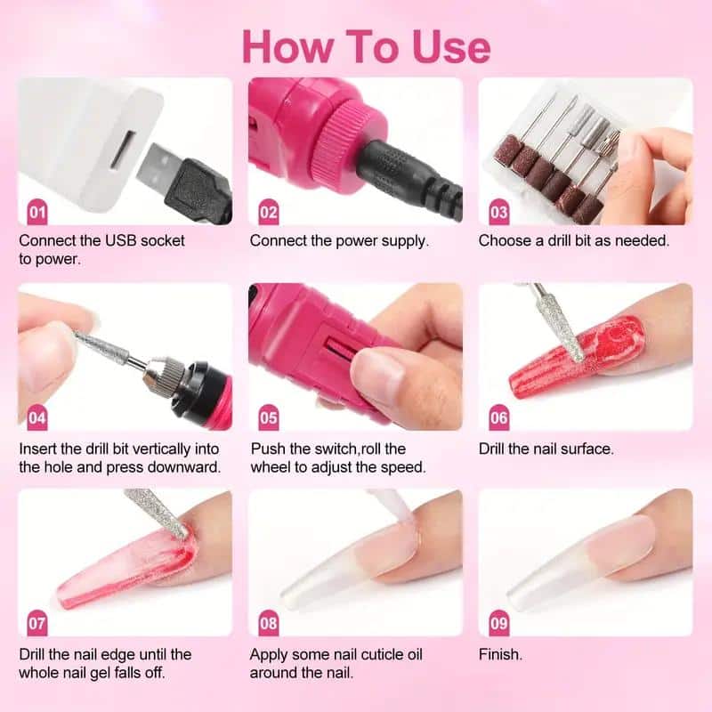 Portable Electric Nail Drill Machine, Manicure Tool Kit with USB, Pink