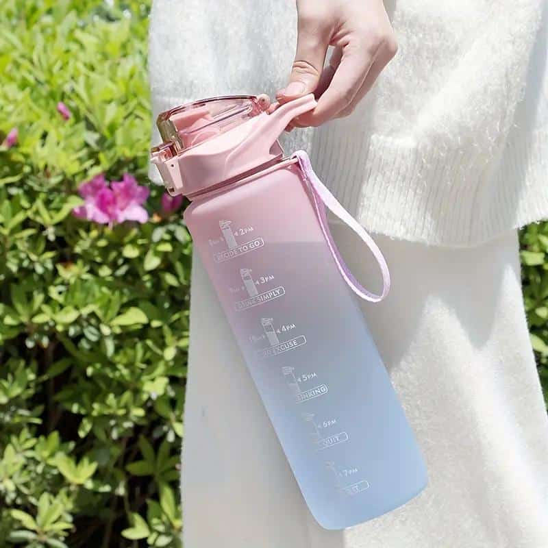 25 oz Water Bottle, Leakproof BPA & Toxic Free, Motivational Water Bottle with Times to Drink and Straw, Fitness Sports Water Bottle with Strap Pink