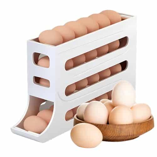 Egg DispenserAutomatic Rolling Egg Tray Organizer, Space Saving Refrigerator Egg Roller, Holds 28 Eggs Simultaneously, Works in The Refrigerator, Kitchen, Cabinets, and Dining Table (White)