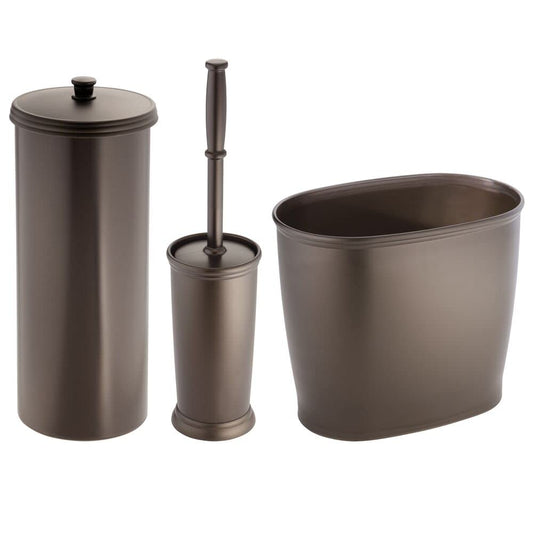 mDesign Modern Plastic Bathroom Storage and Cleaning Accessory Set - Includes Bowl Brush, 3-Roll Toilet Paper Canister with Lid, Wastebasket Trash Can/Garbage Bin - 3 Pieces - Bronze