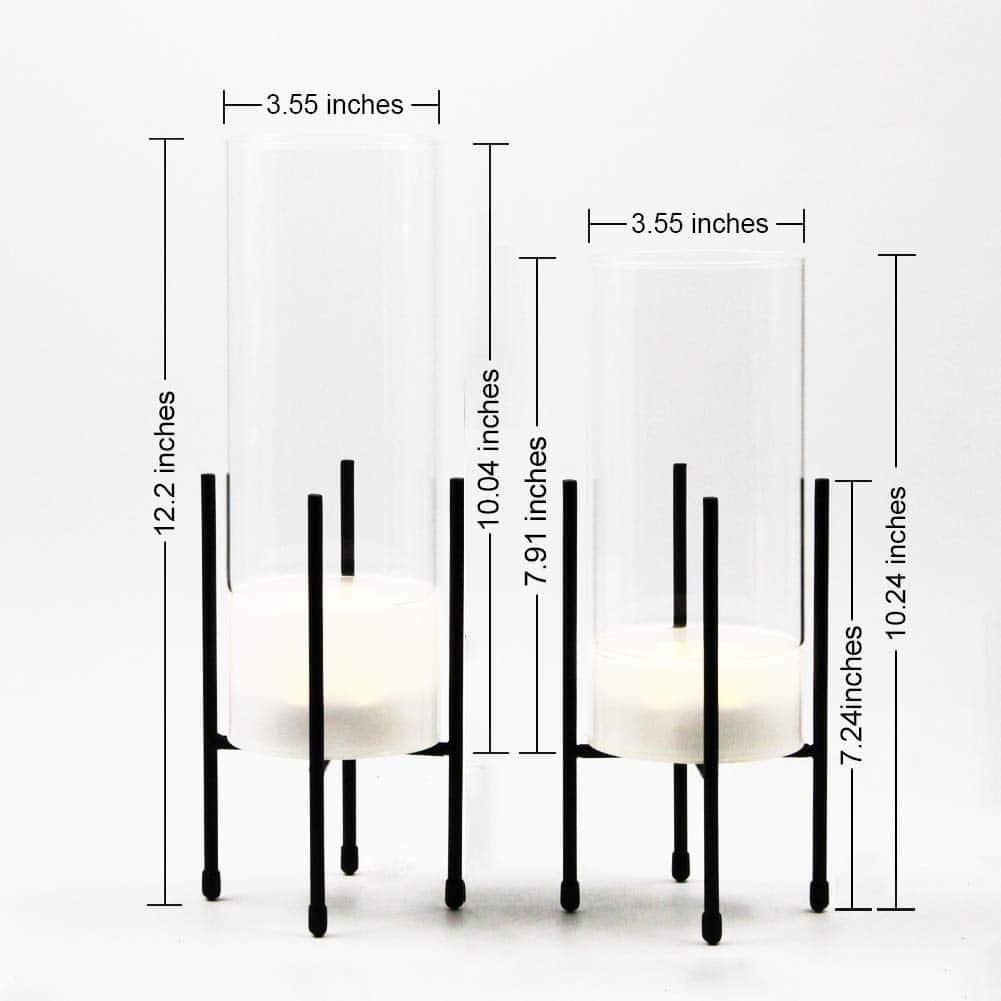 Flower Vase for Decor, Glass Table Vase Set for Flowers Plants, Clear Vase with Black Stand, Modern Decorative with Timer LED Lights Battery Operated Set of 2