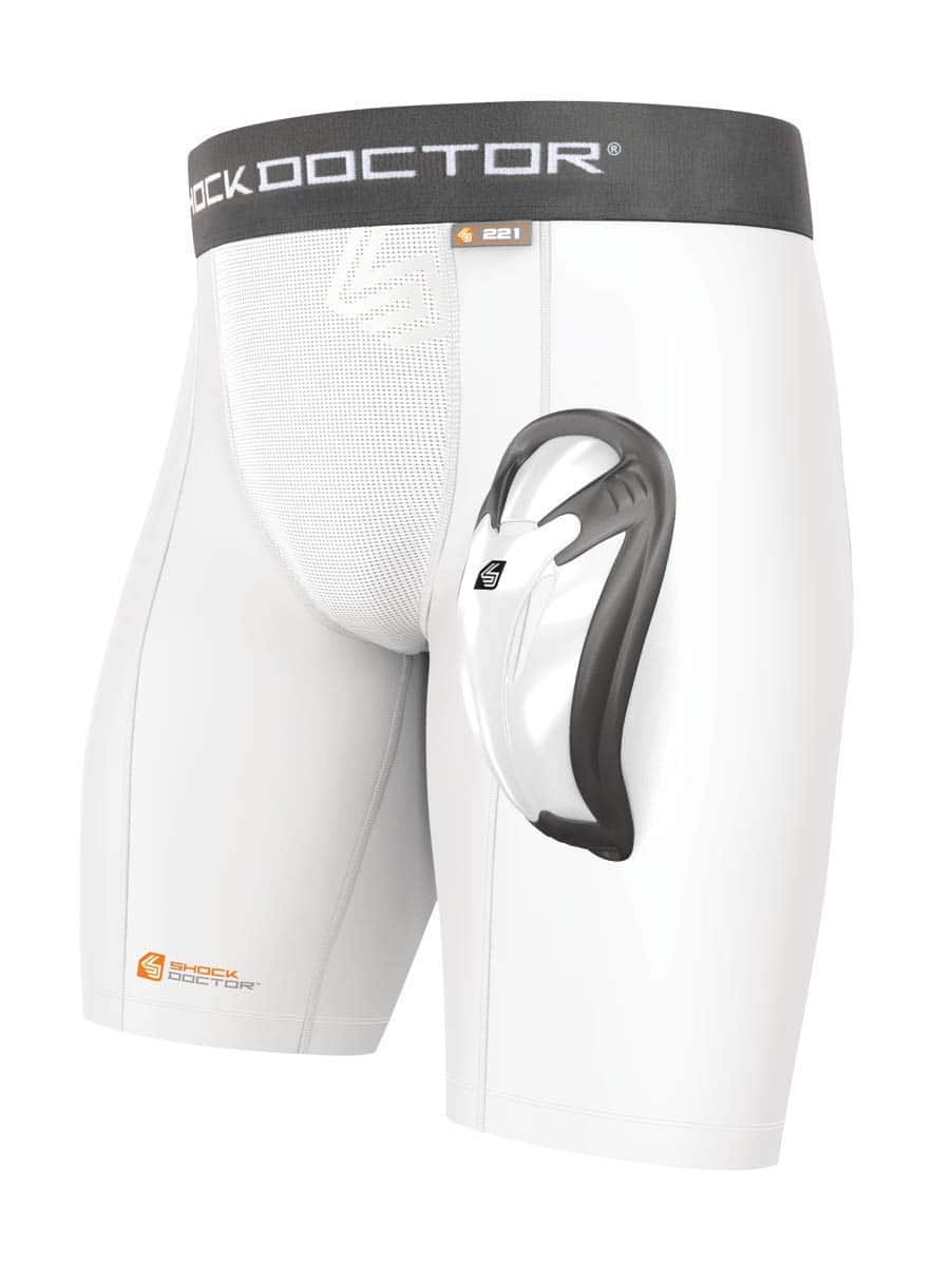 Shock Doctor Compression Shorts with Protective Bio-Flex Cup, Moisture Wicking Vented Protection, Adult Size White