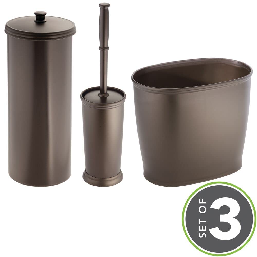 mDesign Modern Plastic Bathroom Storage and Cleaning Accessory Set - Includes Bowl Brush, 3-Roll Toilet Paper Canister with Lid, Wastebasket Trash Can/Garbage Bin - 3 Pieces - Bronze