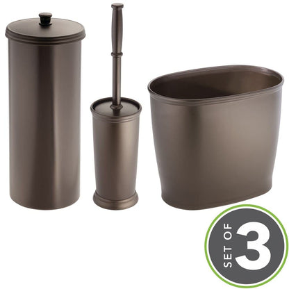 mDesign Modern Plastic Bathroom Storage and Cleaning Accessory Set - Includes Bowl Brush, 3-Roll Toilet Paper Canister with Lid, Wastebasket Trash Can/Garbage Bin - 3 Pieces - Bronze