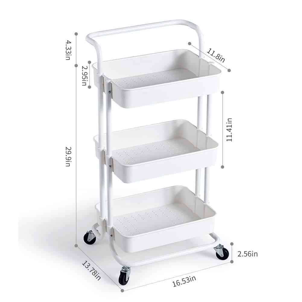 Micoe Utility Carts with Wheels, Practical Handle and ABS Storage Basket, 3 Tier Rolling Cart Organizer, White, H-T001W