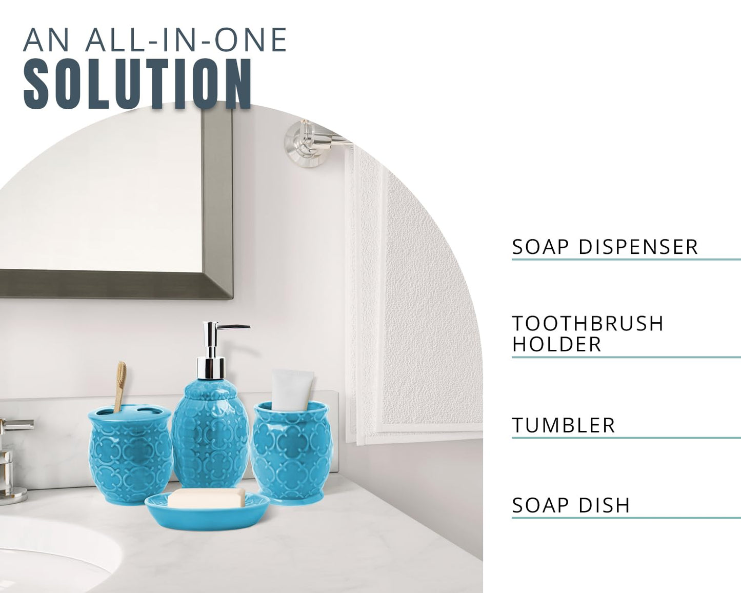 Comfify 4-Piece Bathroom Accessory Set - Ceramic Bath Set with Blue Glossy Finish - Modern Vanity Accessories Including Soap Dish, Tumbler, and Toothbrush Holder