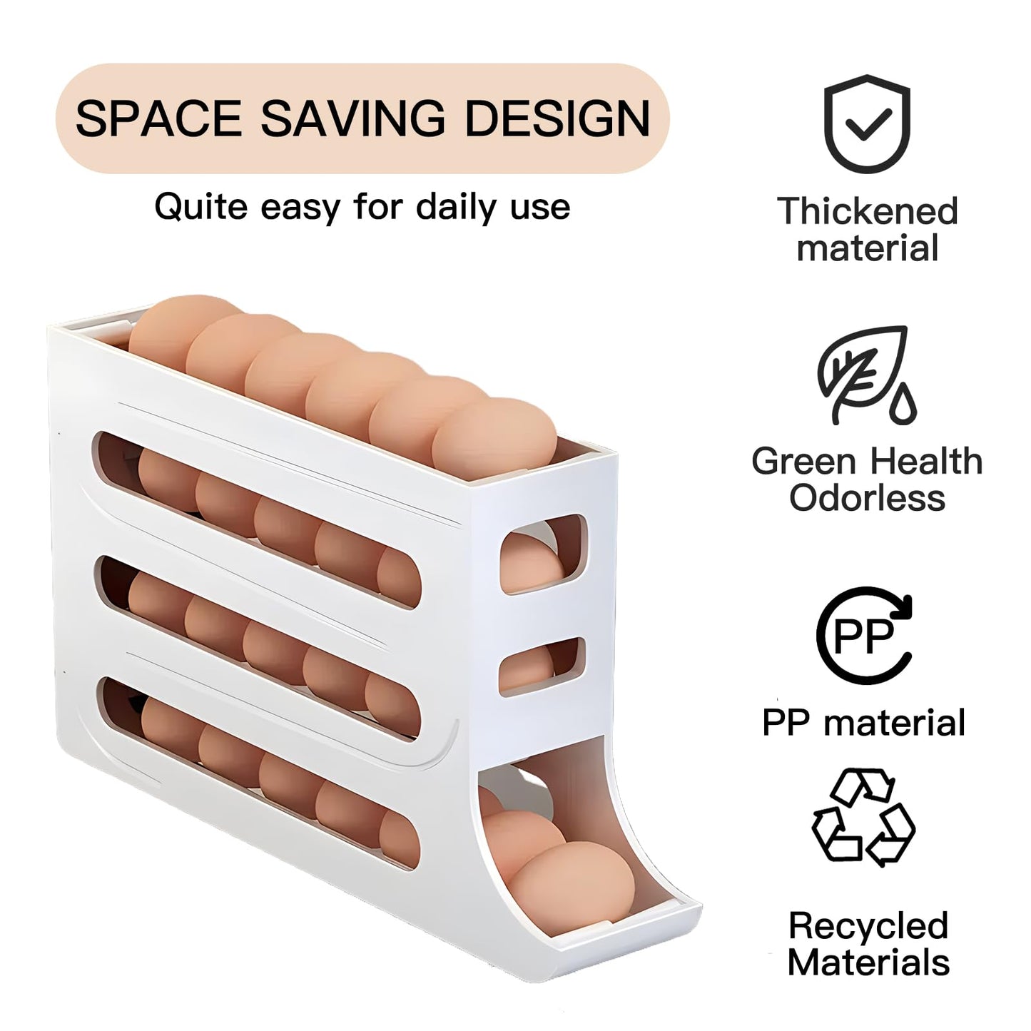 Egg DispenserAutomatic Rolling Egg Tray Organizer, Space Saving Refrigerator Egg Roller, Holds 28 Eggs Simultaneously, Works in The Refrigerator, Kitchen, Cabinets, and Dining Table (White)