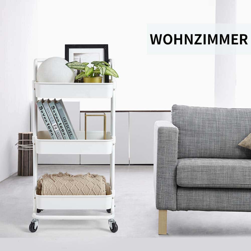Micoe Utility Carts with Wheels, Practical Handle and ABS Storage Basket, 3 Tier Rolling Cart Organizer, White, H-T001W