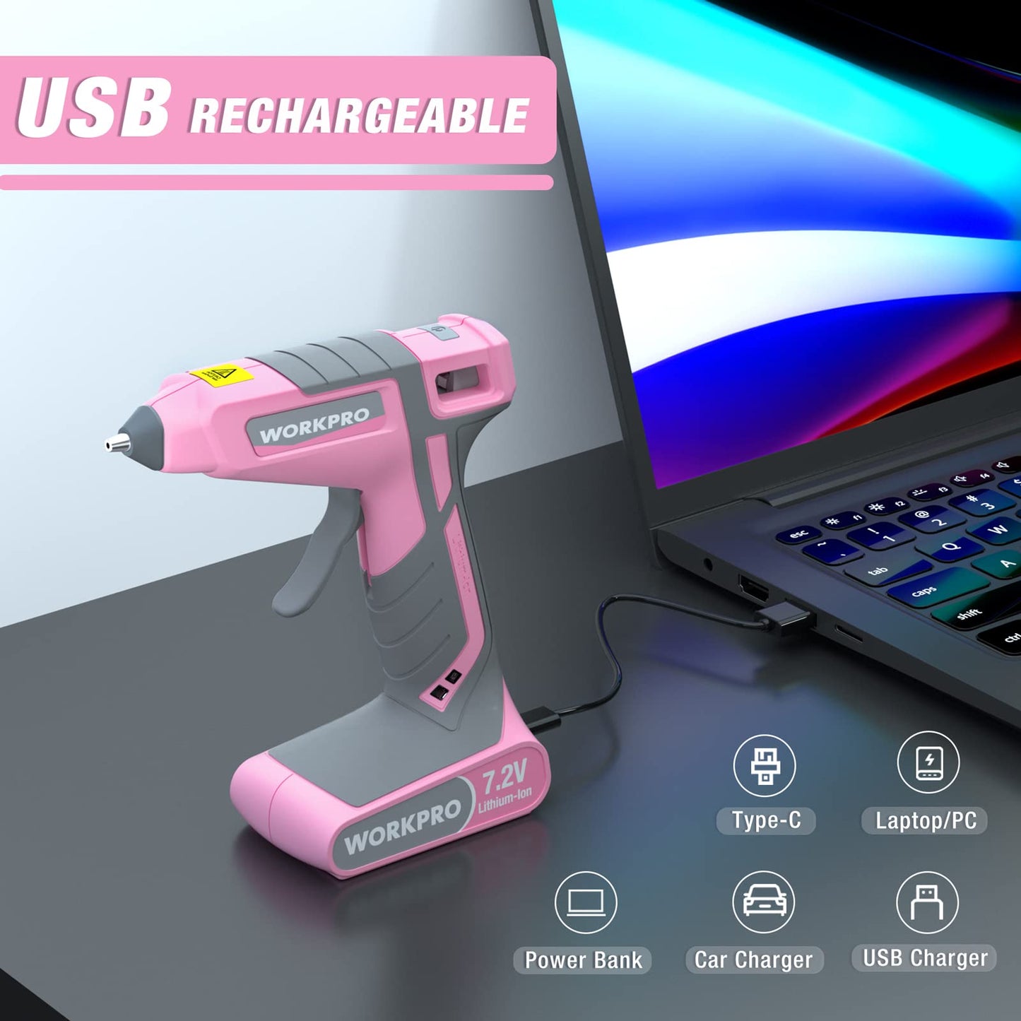 Pink Cordless Hot Melt Glue Gun, 7.2V Rechargeable Fast Preheating Glue Gun Kit with 20 Pc Premium Mini Glue Stick, Automatic-Power-Off Glue Gun for Art, Craft, Decoration - Pink Ribbon
