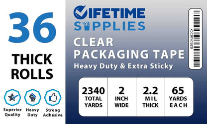 Lifetime Supplies 36 ROLLS Clear Premium Packing Tape, 65 YARDS, 2.2 mil, Heavy Duty Packaging Tape for Shipping, Moving, Sealing