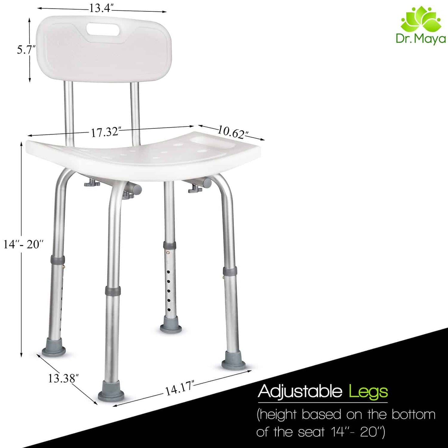 Dr. Maya Bath and Shower Chair Seat with Back (Adjustable) - Anti-Slip Bench Bathtub Stool for Elderly or Seniors (Bathroom Safety) - with Free Suction Assist Grab Bar