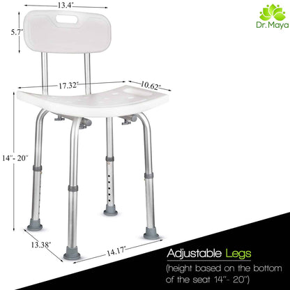 Dr. Maya Bath and Shower Chair Seat with Back (Adjustable) - Anti-Slip Bench Bathtub Stool for Elderly or Seniors (Bathroom Safety) - with Free Suction Assist Grab Bar
