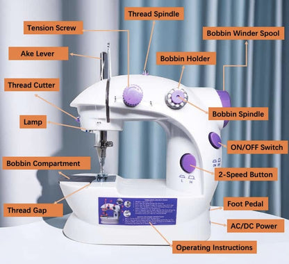 Mini Portable Sewing Machine with Kit, Extension Table, Foot Pedal, 2-Speed & Dual Switches – Perfect for Beginners & Kids