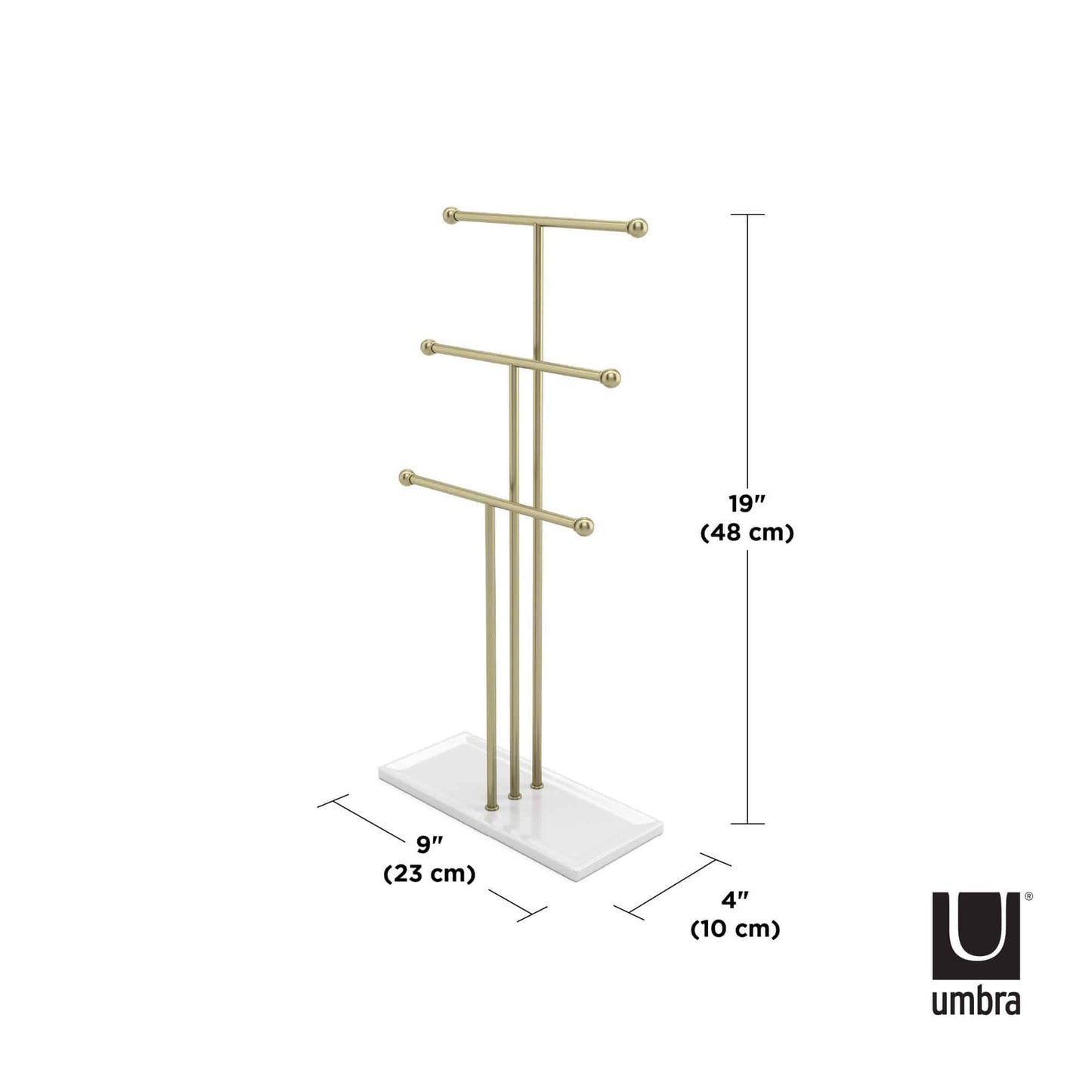 Umbra Trigem Hanging Jewelry Organizer Tiered Tabletop Countertop Free Standing Necklace Holder Display, 3, Brass/White