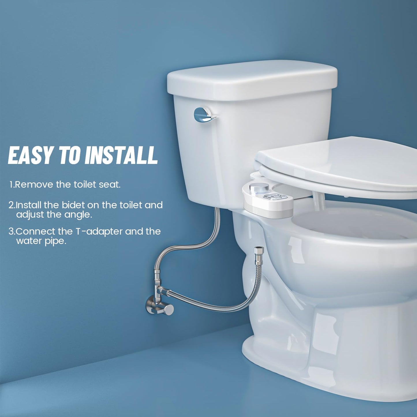PIKETS Bidet Attachment for Toilet, Dual Nozzle (Frontal and Rear Wash) Non-Electric Fresh Water Bidet Toilet Seat Attachment with Nozzle Self Cleaning, Adjustable Water Pressure (Luxurious Silver)