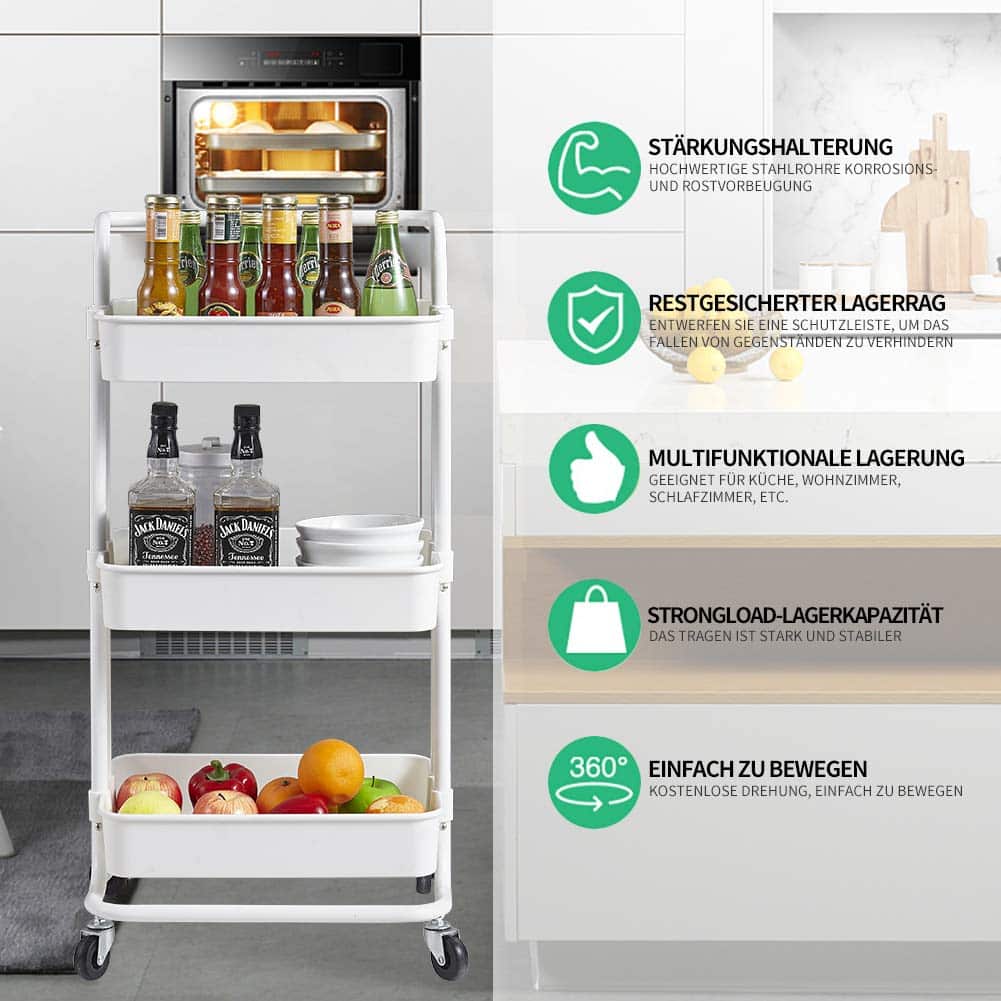 Micoe Utility Carts with Wheels, Practical Handle and ABS Storage Basket, 3 Tier Rolling Cart Organizer, White, H-T001W