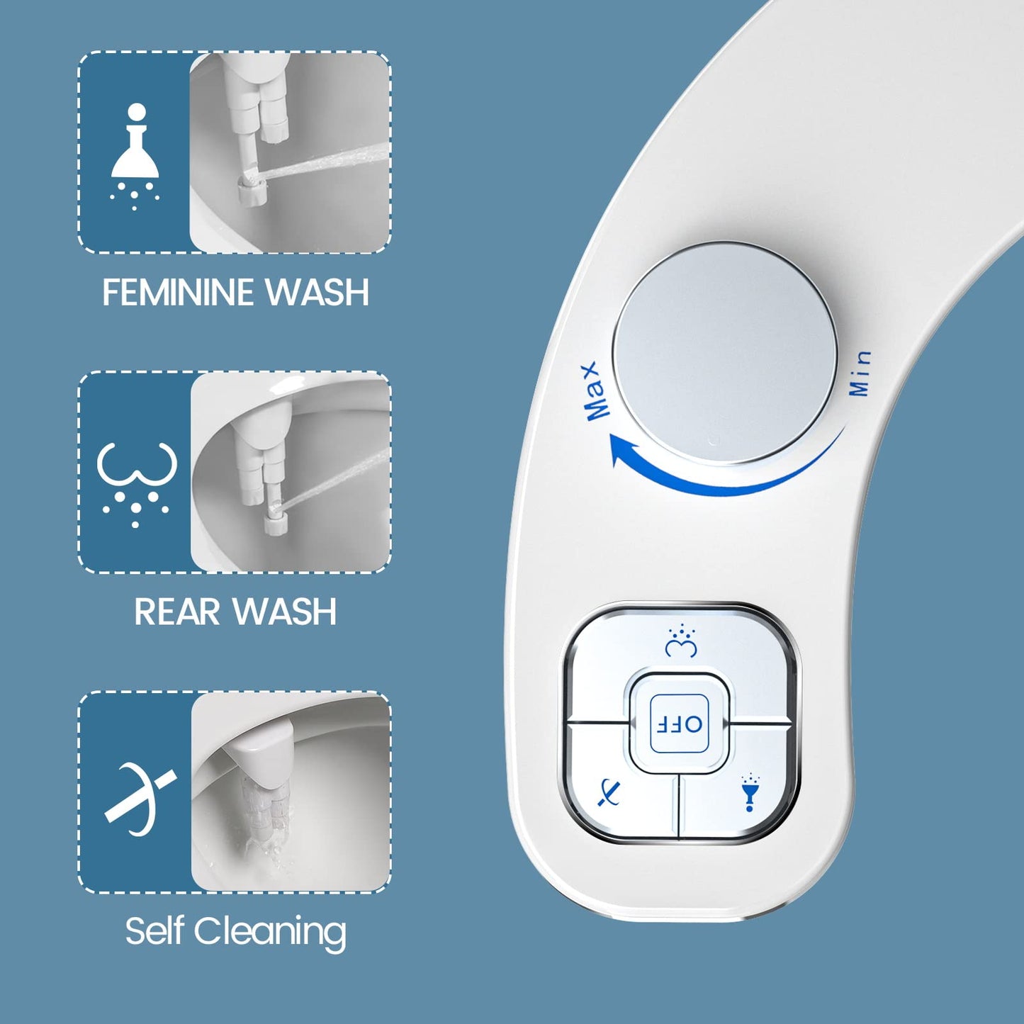 PIKETS Bidet Attachment for Toilet, Dual Nozzle (Frontal and Rear Wash) Non-Electric Fresh Water Bidet Toilet Seat Attachment with Nozzle Self Cleaning, Adjustable Water Pressure (Luxurious Silver)