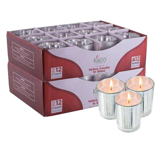 KISCO CANDLES Votive Candles with Holders 24-Pack 8 Hours | Silver Decorative Glass Home Décor | Beautiful Living Room, Kitchen, Bathroom Lighting | Long-Lasting Wax