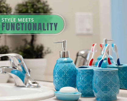 Comfify 4-Piece Bathroom Accessory Set - Ceramic Bath Set with Blue Glossy Finish - Modern Vanity Accessories Including Soap Dish, Tumbler, and Toothbrush Holder