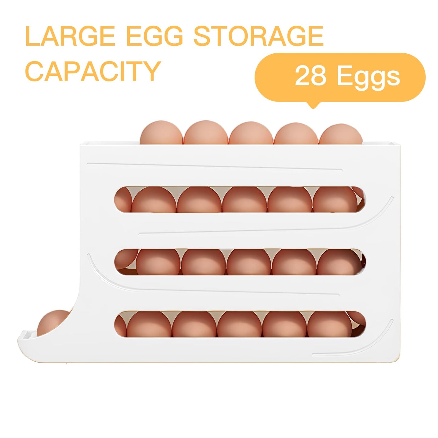 Egg DispenserAutomatic Rolling Egg Tray Organizer, Space Saving Refrigerator Egg Roller, Holds 28 Eggs Simultaneously, Works in The Refrigerator, Kitchen, Cabinets, and Dining Table (White)