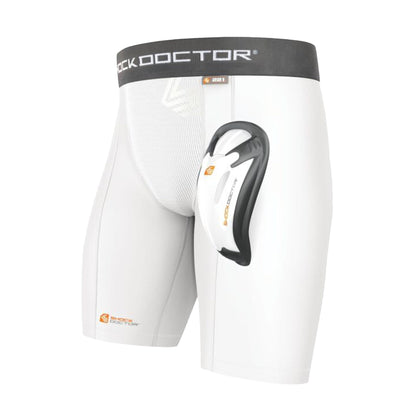 Shock Doctor Compression Shorts with Protective Bio-Flex Cup, Moisture Wicking Vented Protection, Adult Size White