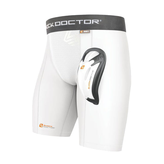 Shock Doctor Compression Shorts with Protective Bio-Flex Cup, Moisture Wicking Vented Protection, Adult Size White