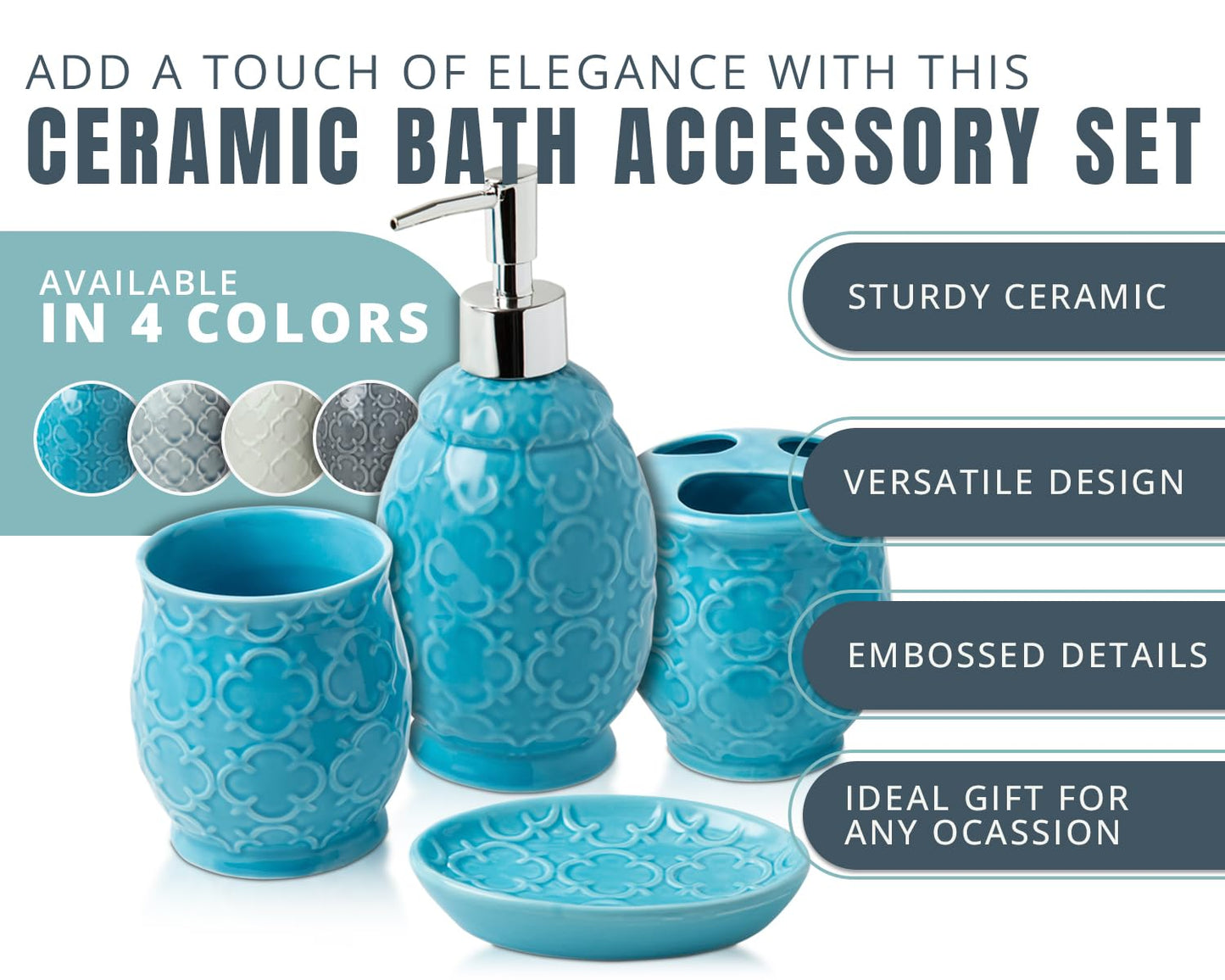 Comfify 4-Piece Bathroom Accessory Set - Ceramic Bath Set with Blue Glossy Finish - Modern Vanity Accessories Including Soap Dish, Tumbler, and Toothbrush Holder