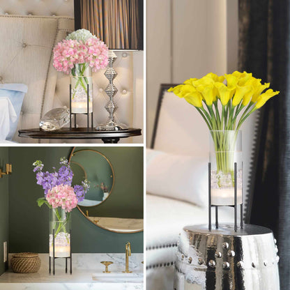 Flower Vase for Decor, Glass Table Vase Set for Flowers Plants, Clear Vase with Black Stand, Modern Decorative with Timer LED Lights Battery Operated Set of 2