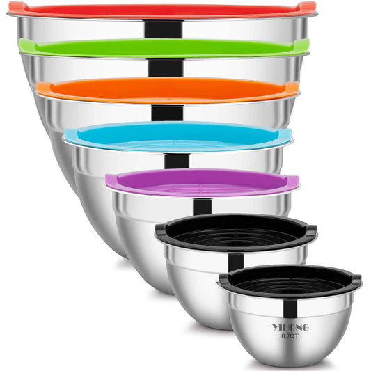 7 Piece Mixing Bowls with Lids for Kitchen, Stainless Steel Mixing Bowls Set Ideal for Baking, Prepping, Cooking and Serving Food, Nesting Metal Mixing Bowls for Space Saving Storage