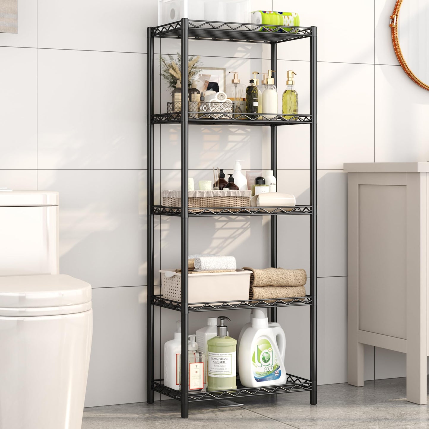5-Tier Wire Shelving 5 Shelves Unit Metal Storage Rack Durable Organizer Perfect for Pantry Closet Kitchen Laundry Organization in Black,21”Wx14”Dx61”H