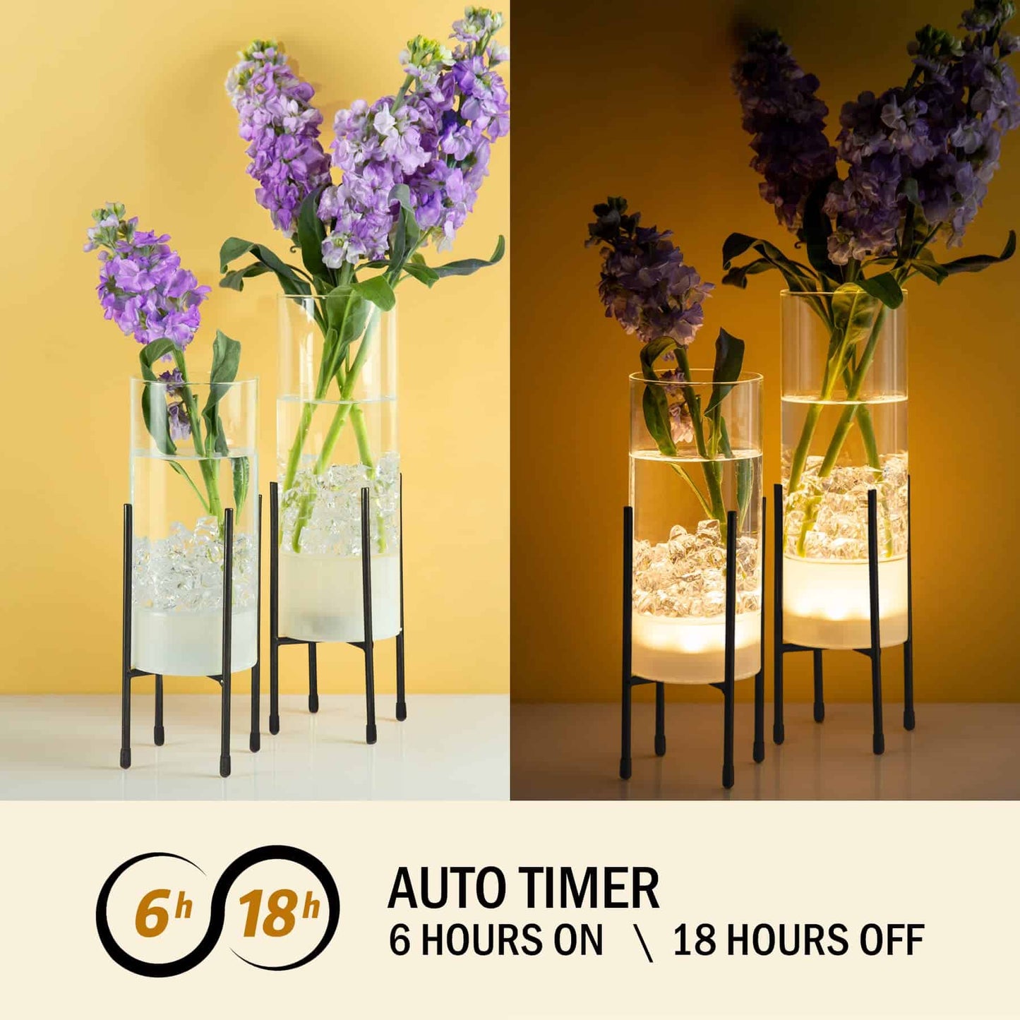 Flower Vase for Decor, Glass Table Vase Set for Flowers Plants, Clear Vase with Black Stand, Modern Decorative with Timer LED Lights Battery Operated Set of 2
