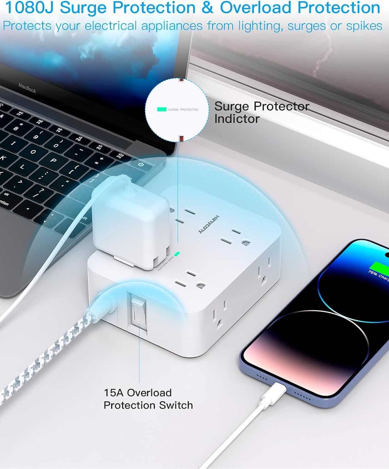 Surge Protector Power Strip - 8 Outlets with 4 USB (2 USB C) Charging Ports, Multi Plug Outlet Extender, 5Ft Braided Extension Cord, Flat Plug Wall Mount Desk USB Charging Station for Home Office ETL