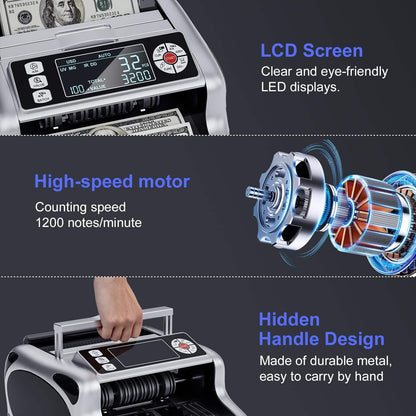 Money Counter Machine, Value Count, Dollar, Euro UV/MG/IR/DD Cash Counterfeit Detection Bill Counter with LCD Display, Add and Batch Modes, Cash Counter Machine 5-Year Warranty